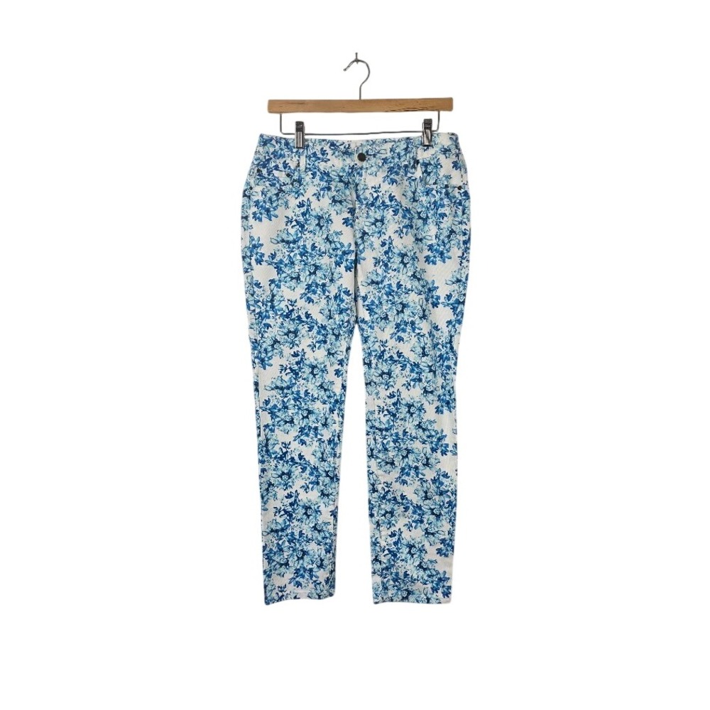Garnet Hill Floral Pants Women 8P Blue White Stretch Cotton TwillClassic